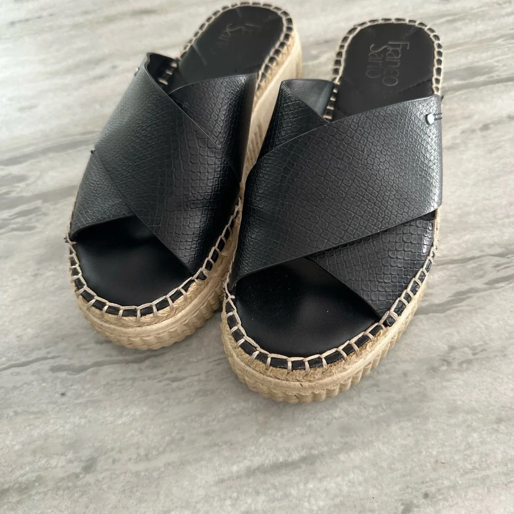Franco Sarto Black Leather Espadrille Slides - Size 7